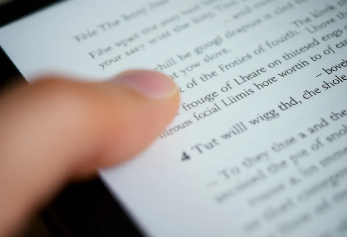 A thumb pressing a physical page-turn button on an e-reader