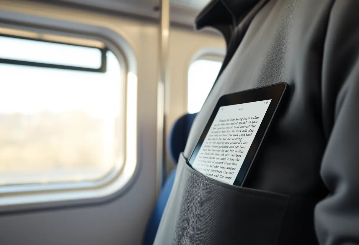 An e-reader in a jacket pocket on a train