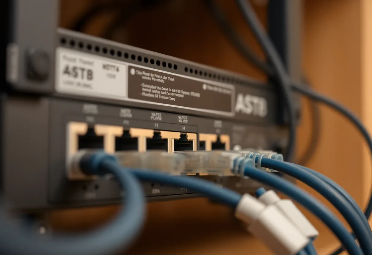 The back of a home router with ethernet cables plugged in