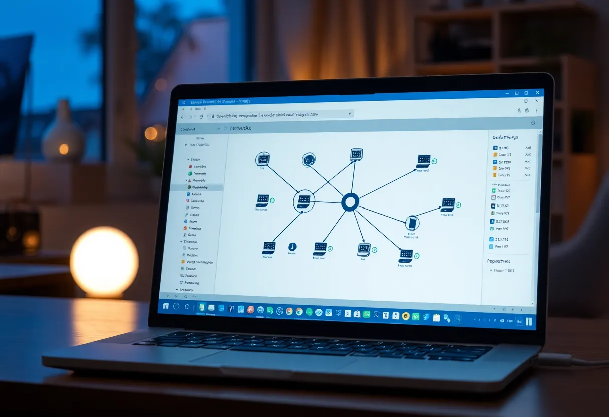 A laptop showing a network map with automatically discovered switches and devices