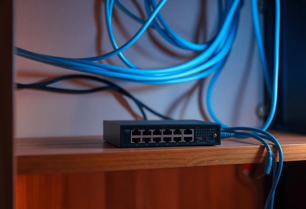 A home shelf with Ethernet cables and a small managed switch