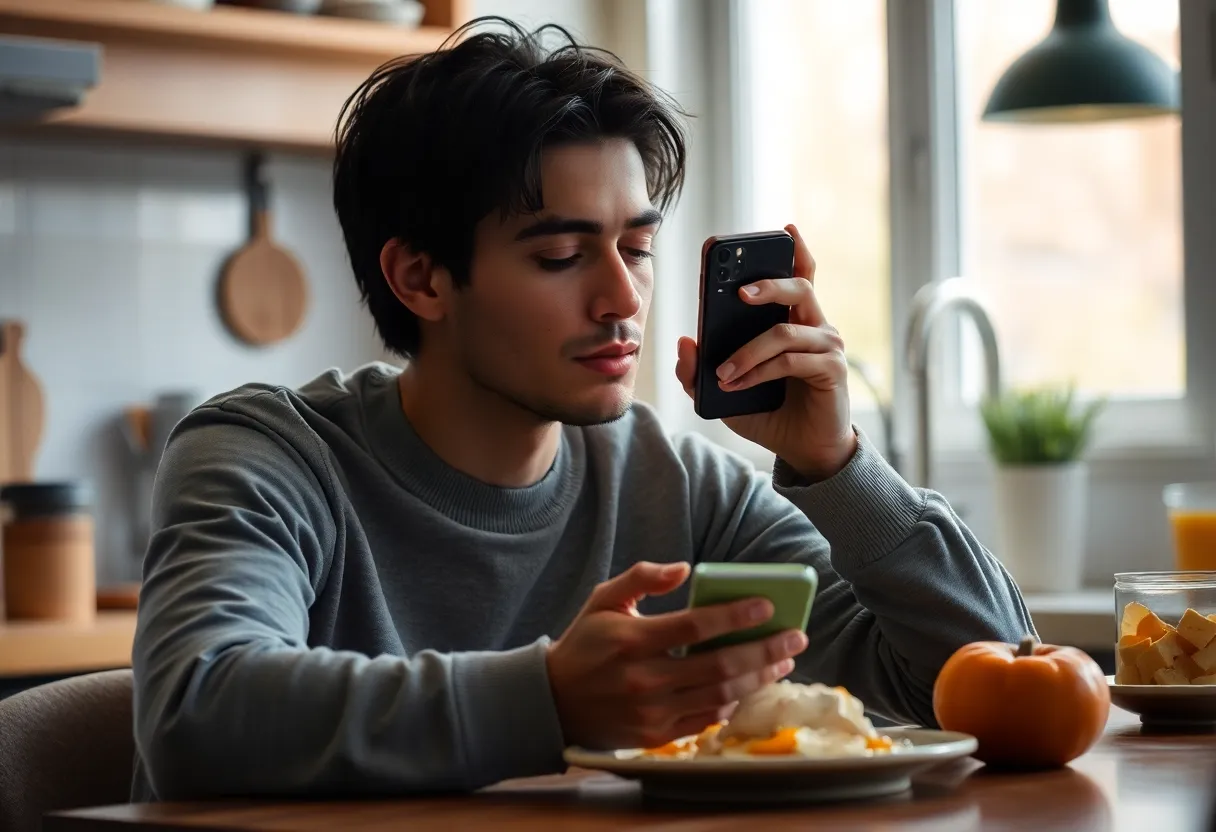 A person silencing an alert on a phone at breakfast