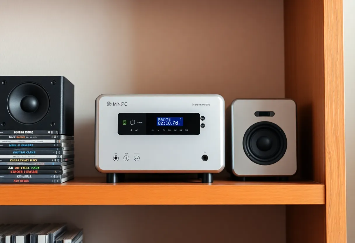 A mini PC home server on a shelf next to a stack of CDs and a small speaker