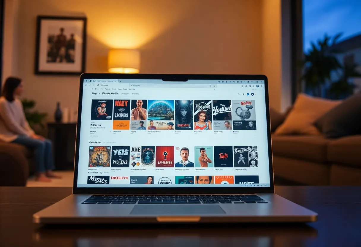 A laptop showing a music library web interface with a grid of album covers