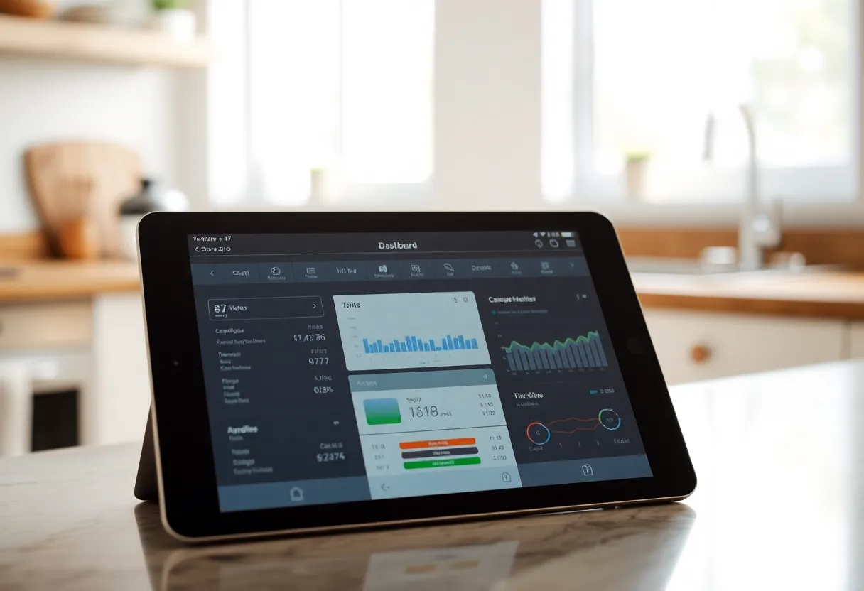 A tablet with a blurred dashboard on a kitchen counter