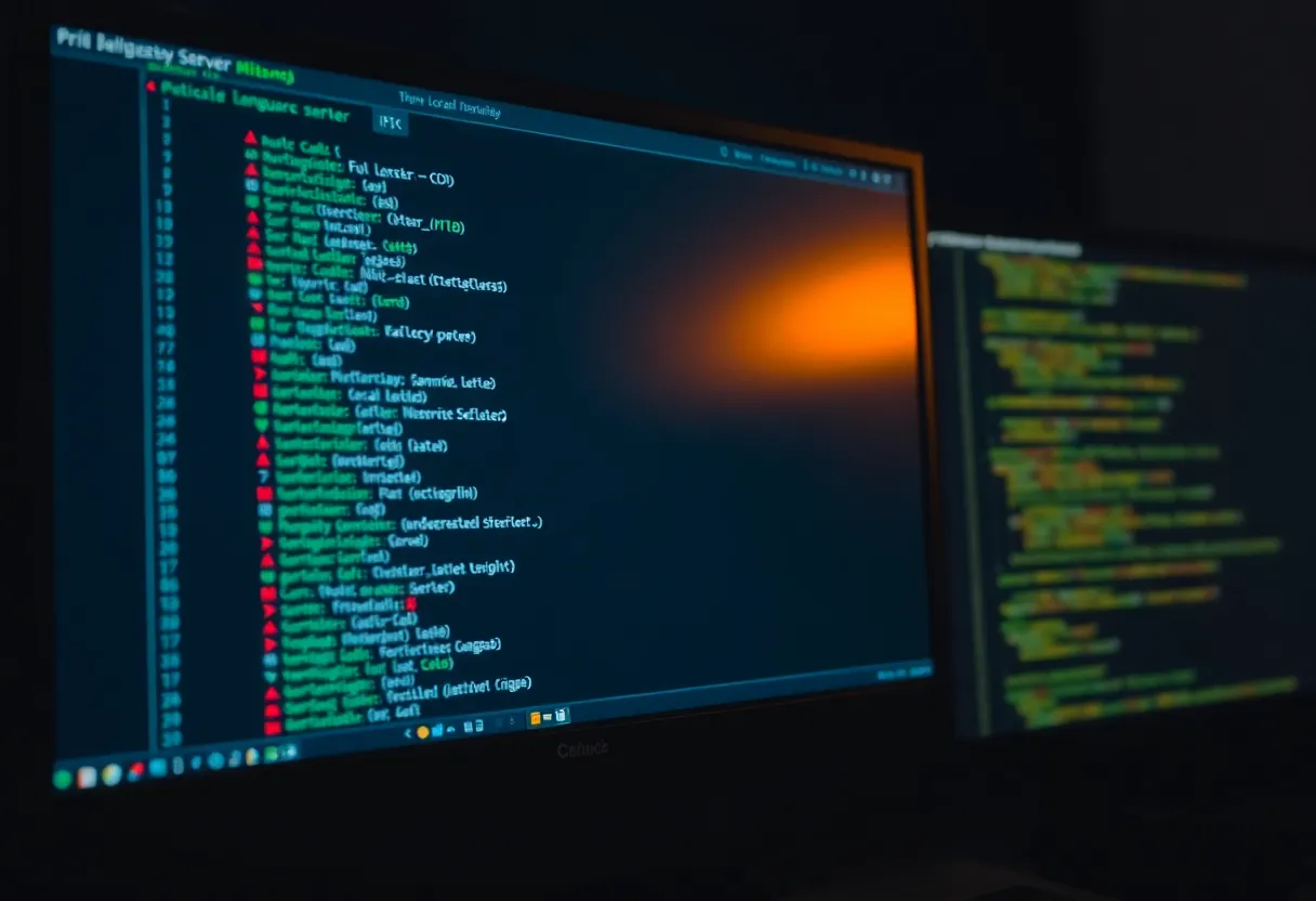 A terminal on a monitor running a local language model server, next to a code editor