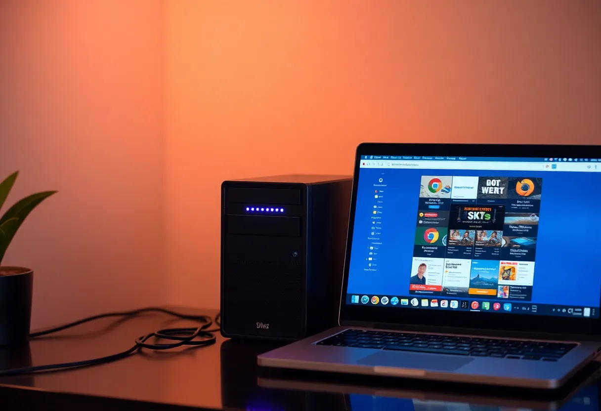 A small home server on a shelf running self-hosted web applications