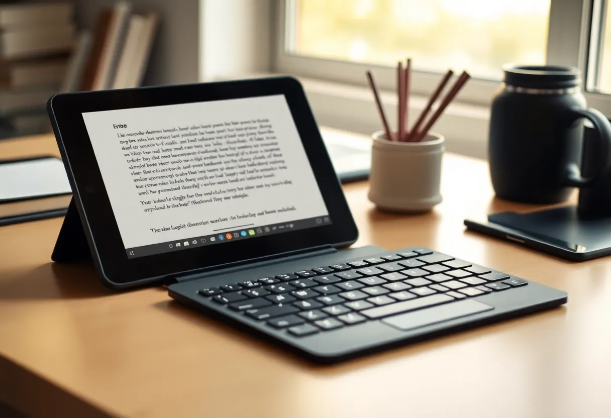 An e-ink tablet in a keyboard folio showing a page of text on a cafe table