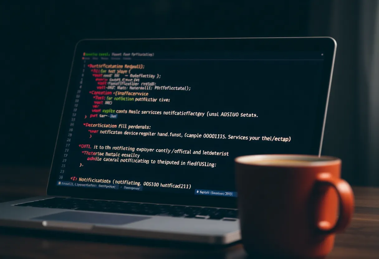 A laptop screen showing a configuration file with notification service URLs next to a coffee mug