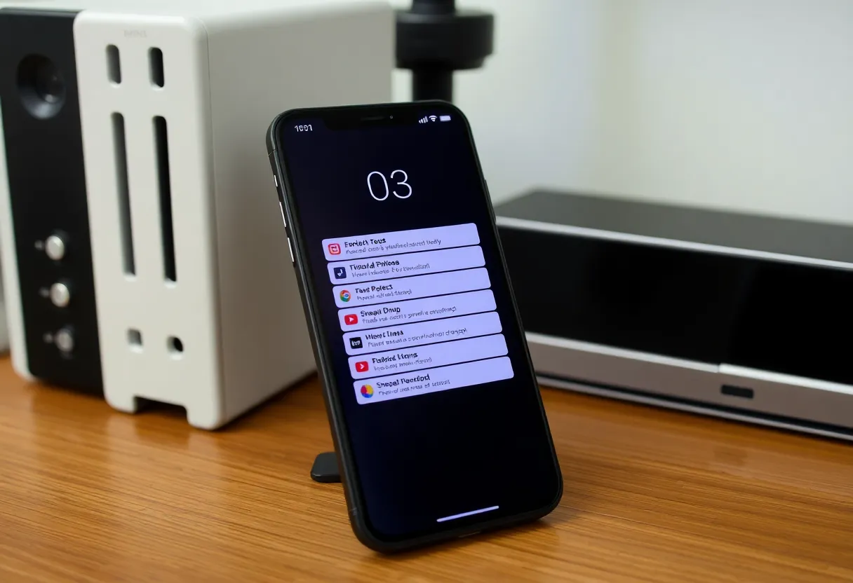 A smartphone lock screen with several stacked alert notifications resting on a wooden desk beside a mini PC