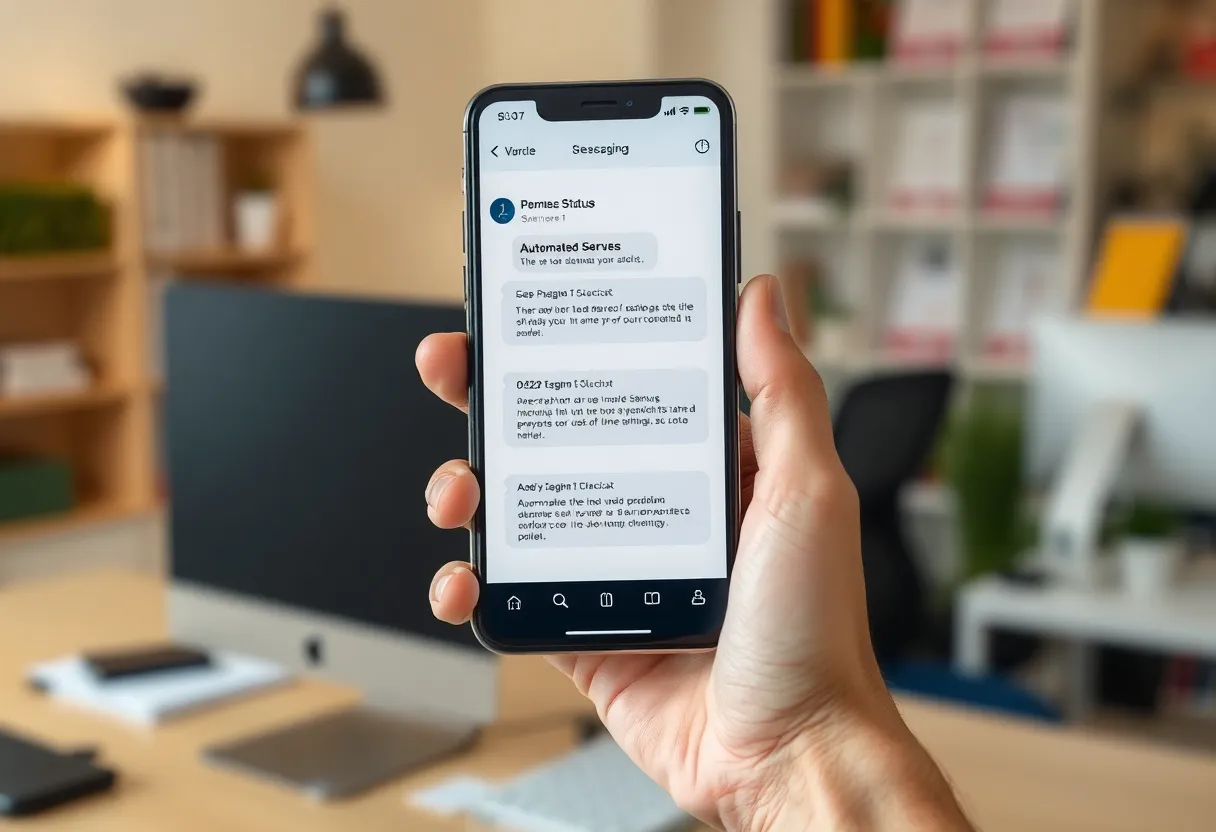 A hand holding a phone showing a chat app conversation with automated server status messages