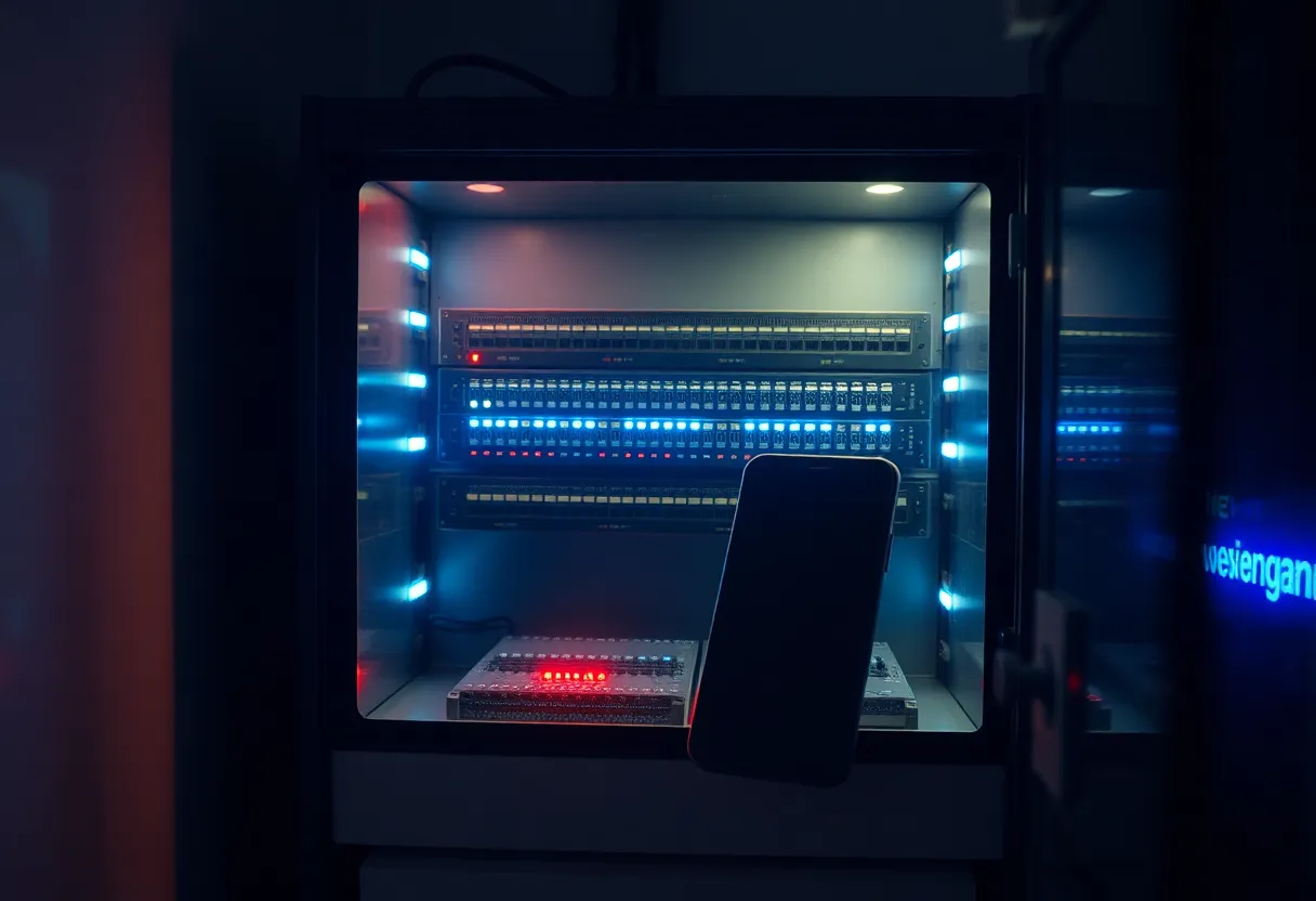 A small network cabinet with blinking LEDs and a phone propped against it