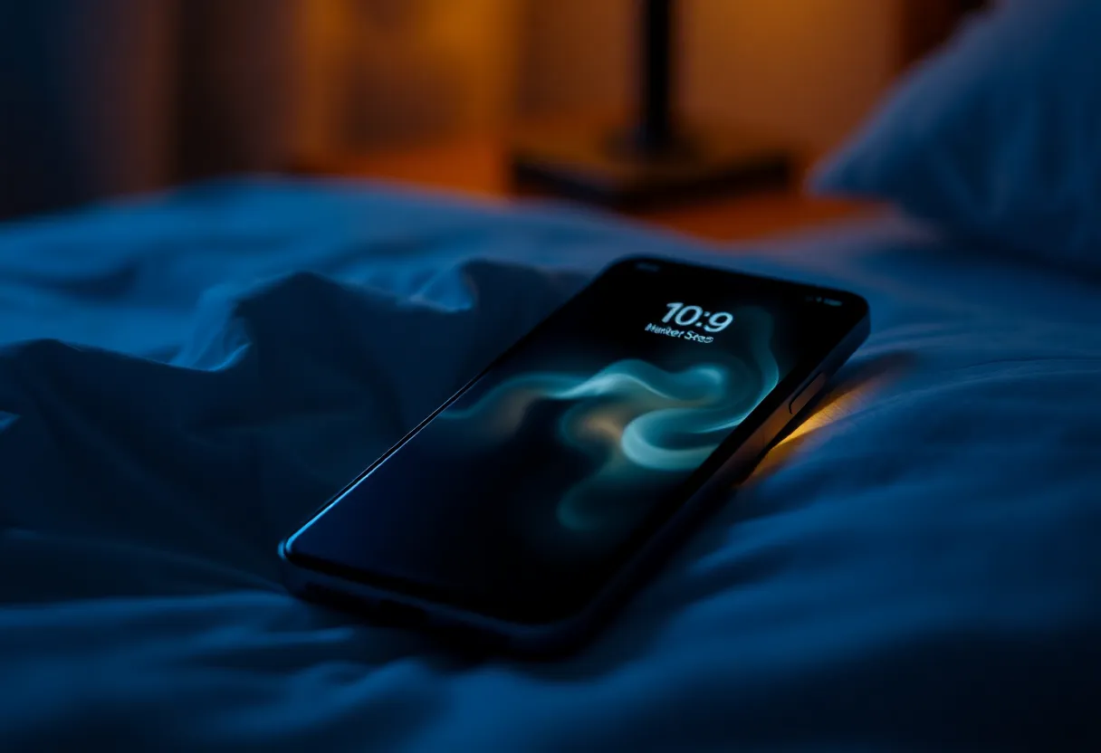 A smartphone lock screen glowing faintly on a bedside table