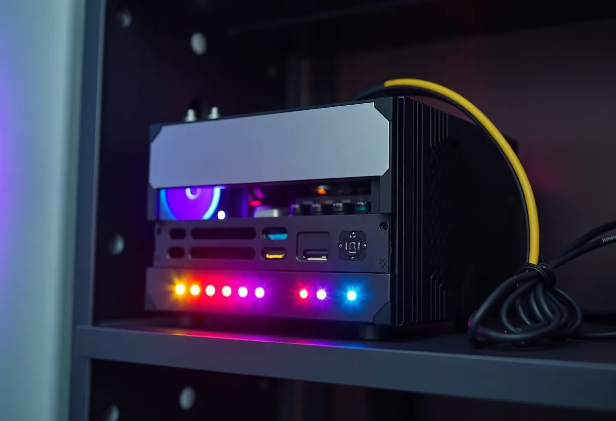 Close-up of a mini PC with status LEDs acting as a build runner on a shelf