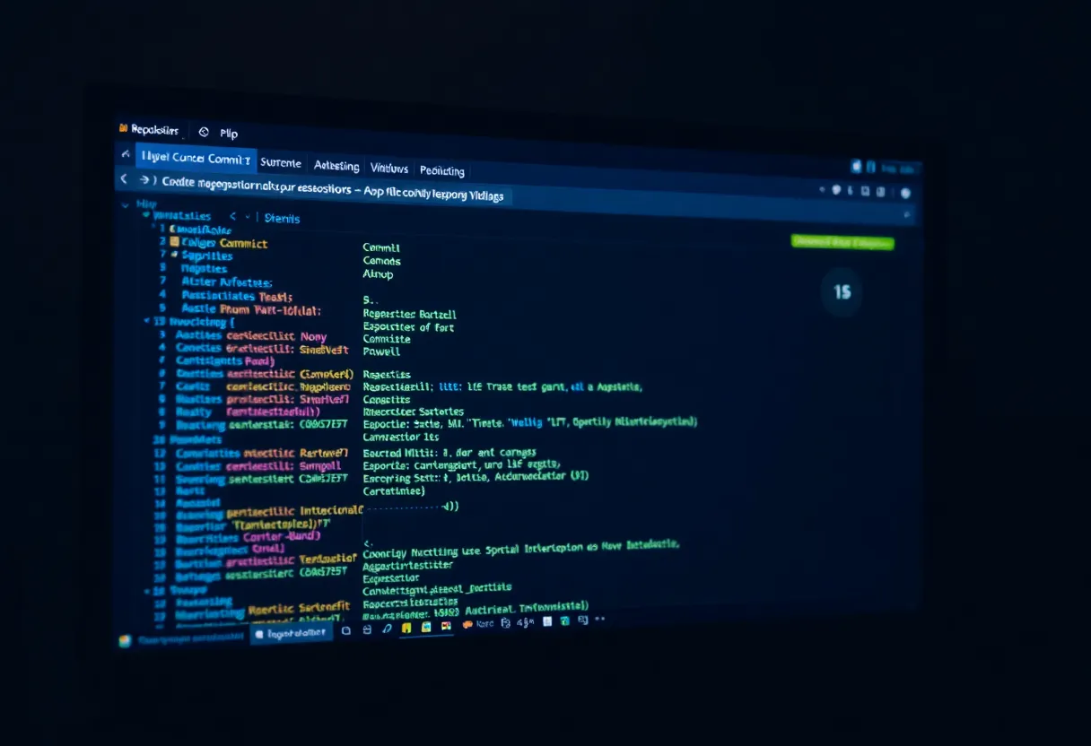 A monitor showing a code repository web interface with a list of commits and a progress indicator