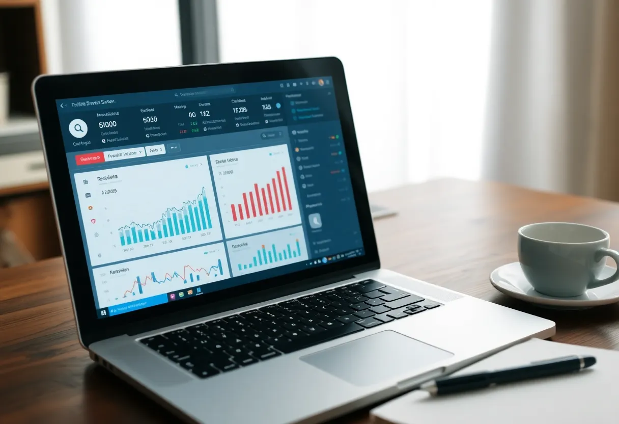 A laptop showing an email server admin dashboard with charts, coffee and notebook beside it