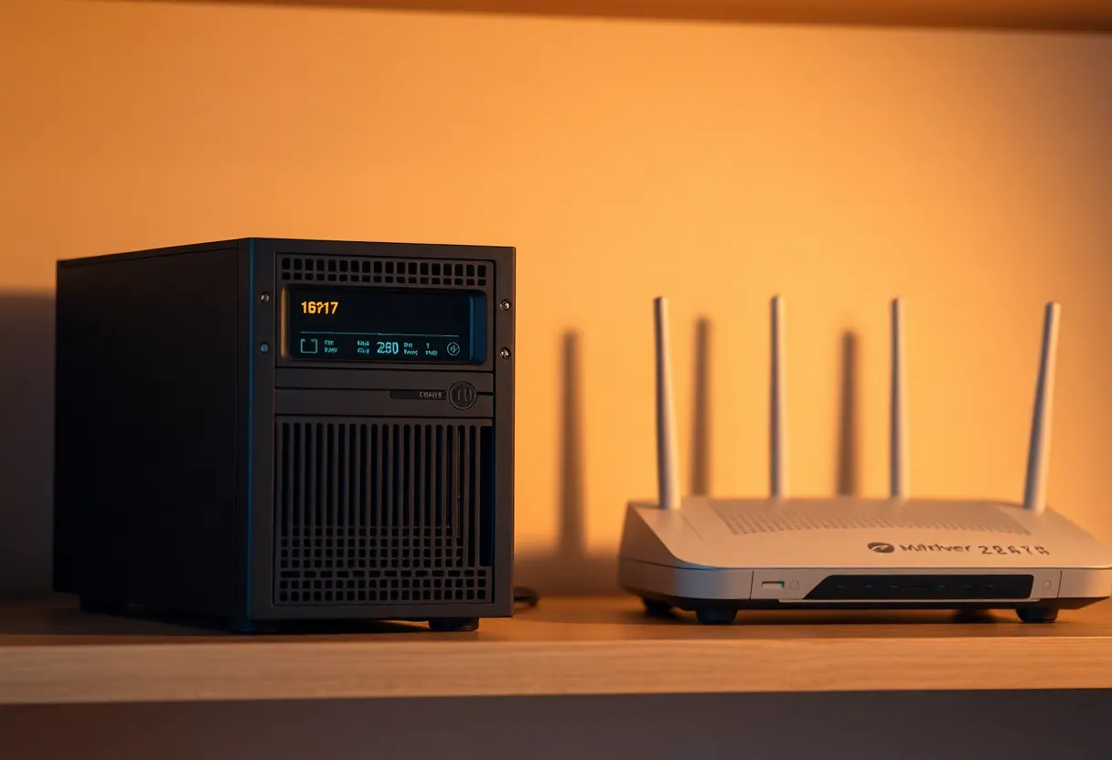A compact server on a shelf next to a router with ethernet cables