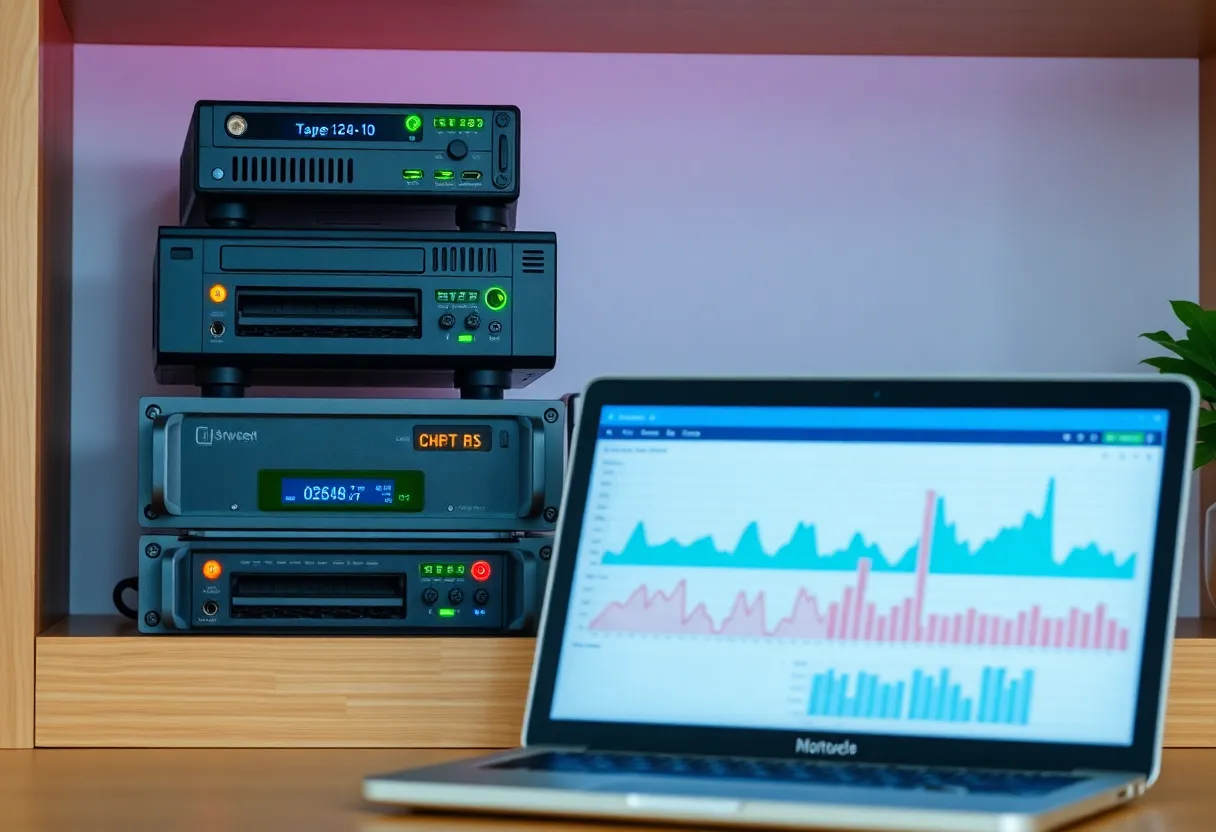 Three small home servers stacked on a shelf with status lights, a laptop with graphs in front