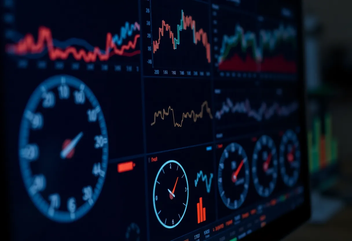 Close-up of a screen with many real-time line charts and gauges, dark theme