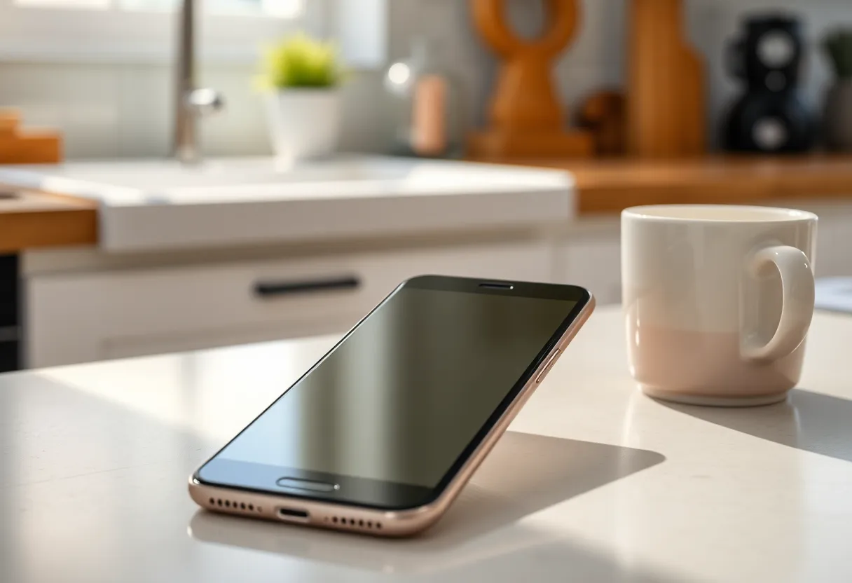A smartphone with the screen off on a morning kitchen counter