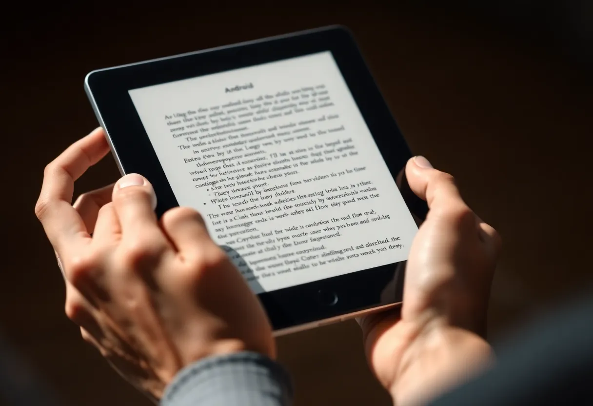 Hands holding an e-ink Android tablet turning a page, close-up, natural light