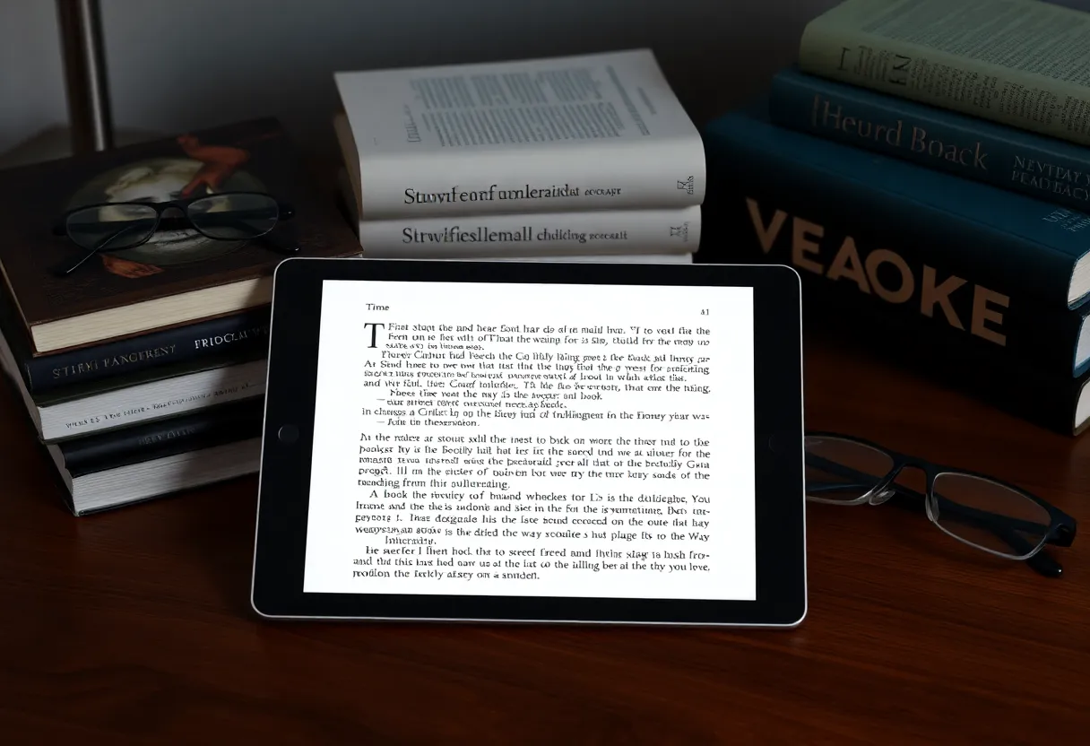 An e-ink tablet on a desk next to a stack of paperback books and reading glasses
