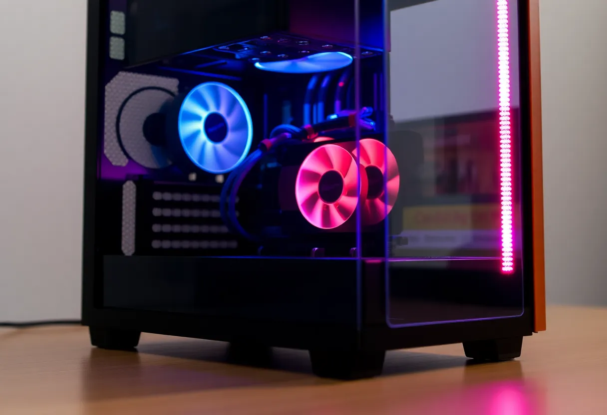 A small desktop PC with a graphics card visible through a glass side panel, glowing softly