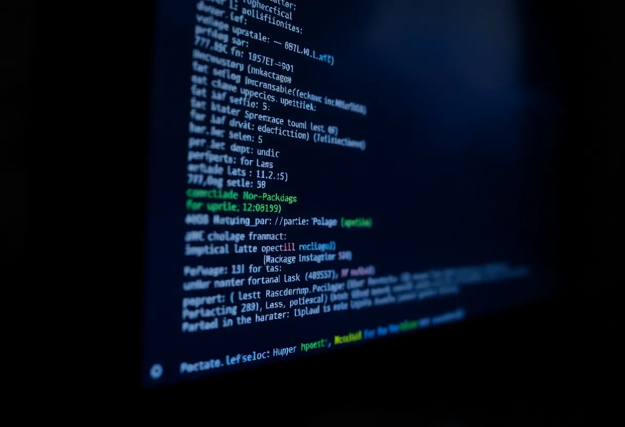 Close-up of a monitor with a Linux terminal showing package update output