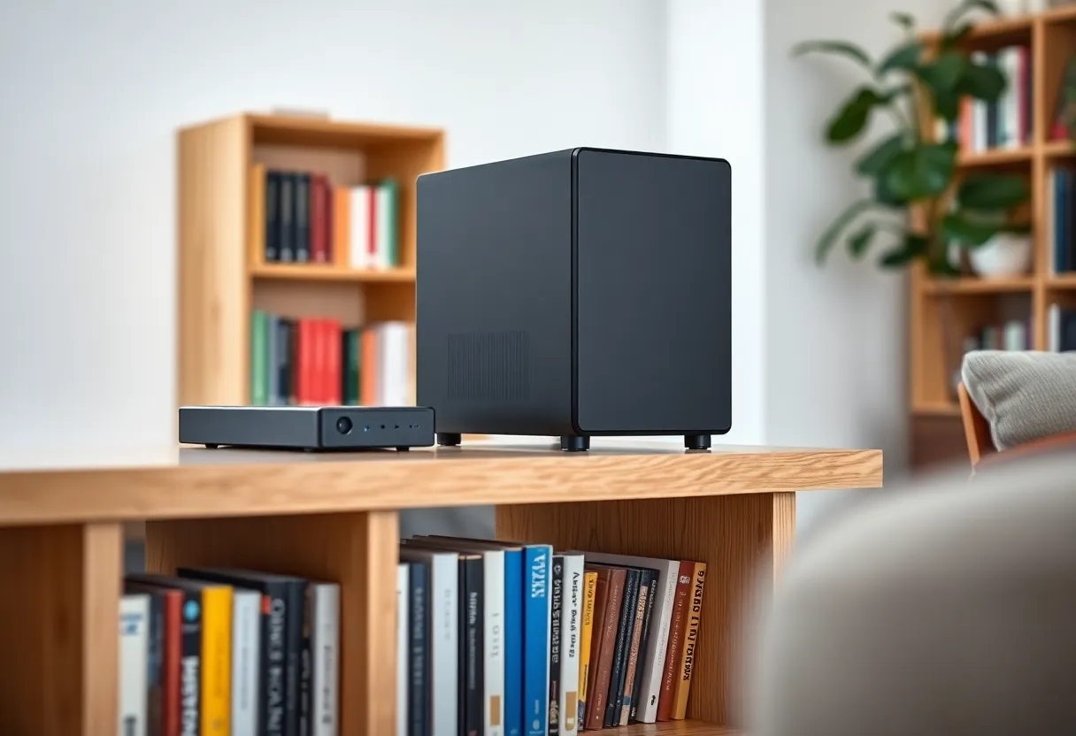 A small fanless server and an external drive on a bookshelf in a living room