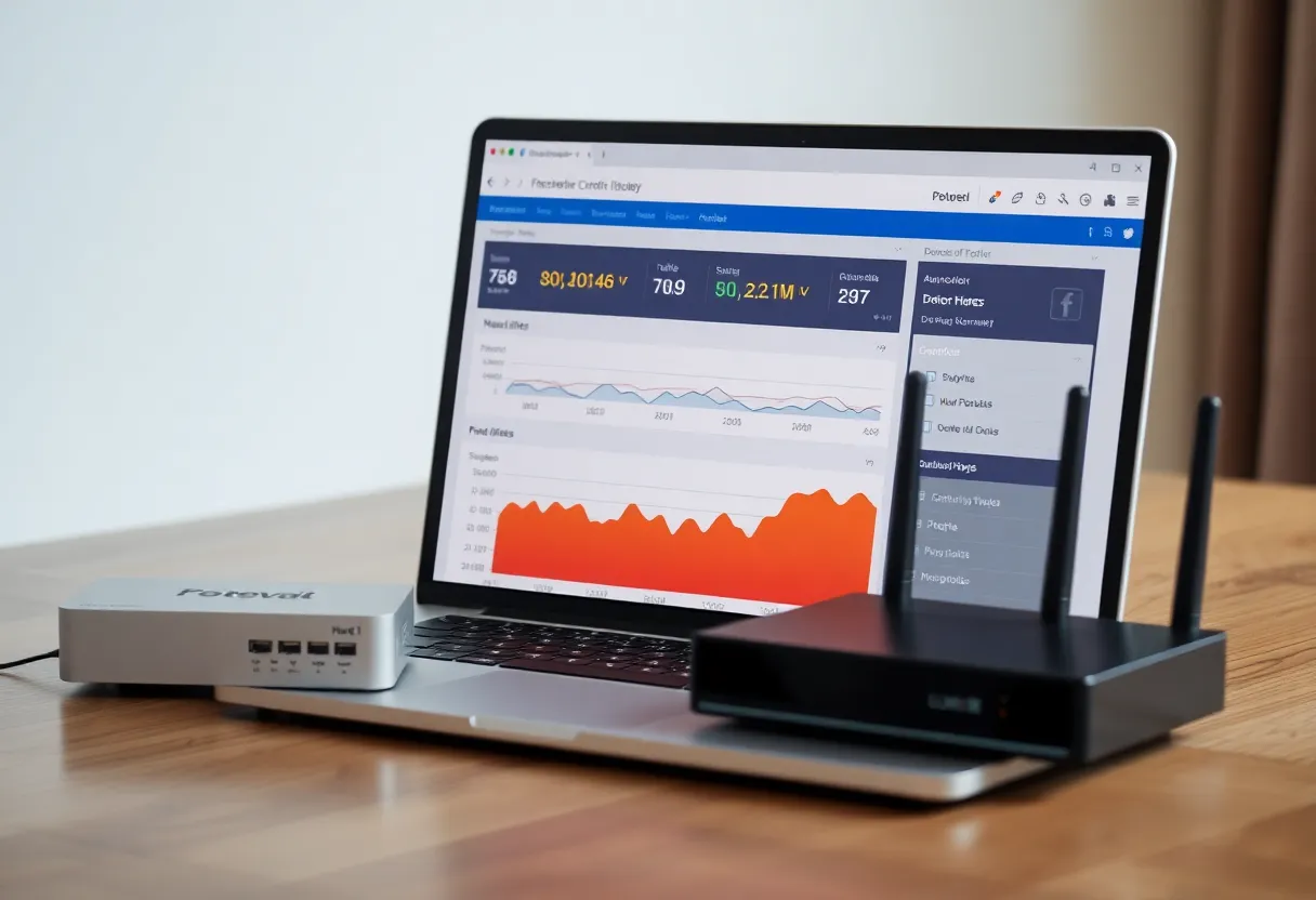 A laptop showing a firewall web dashboard with traffic graphs next to a small router box