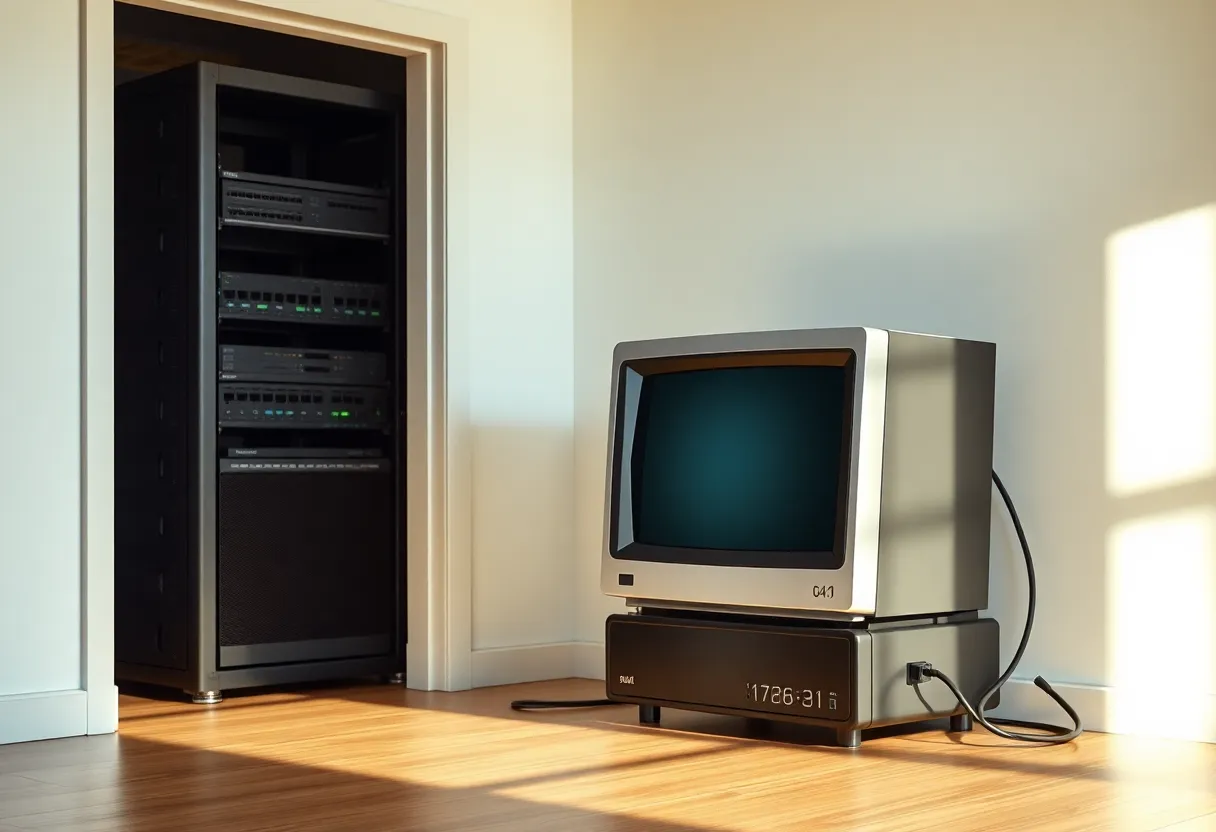 A small computer with an ethernet cable, kept apart from the main rack