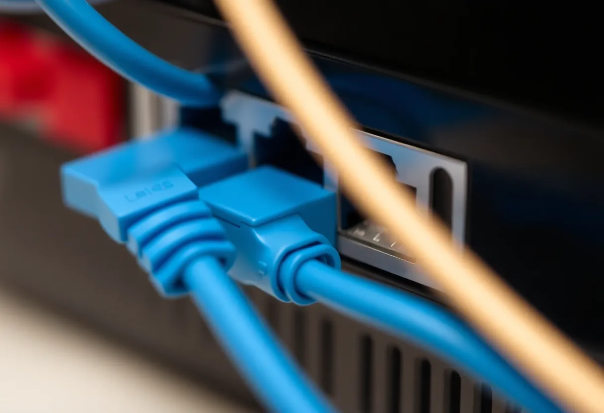 Close-up of ethernet cables plugged into a multi-port mini PC firewall appliance
