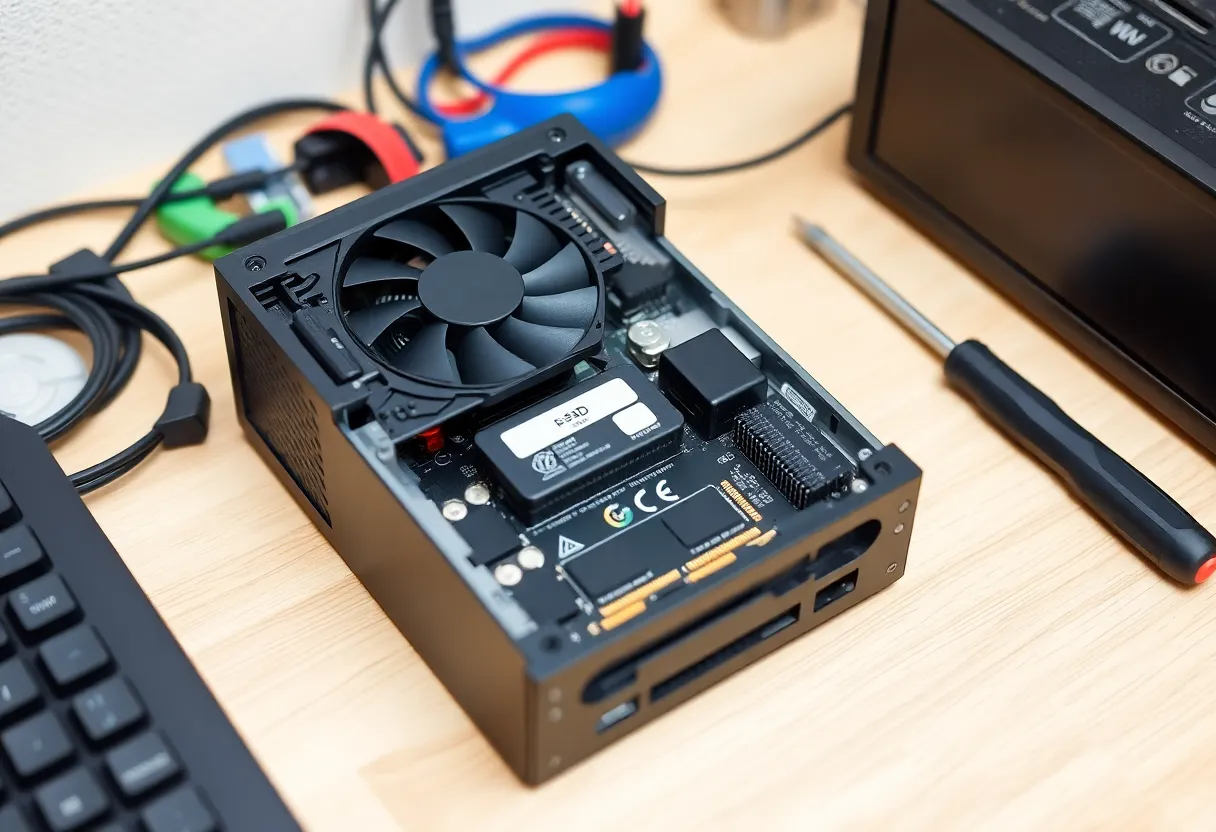An open mini PC showing its fan, SSD and RAM on a workbench with a screwdriver
