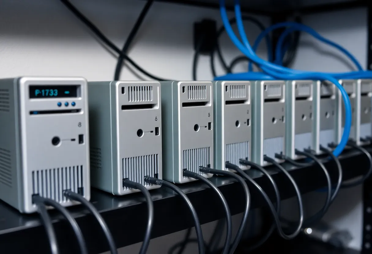 A row of small mini PCs on a shelf acting as a home lab cluster with network cables