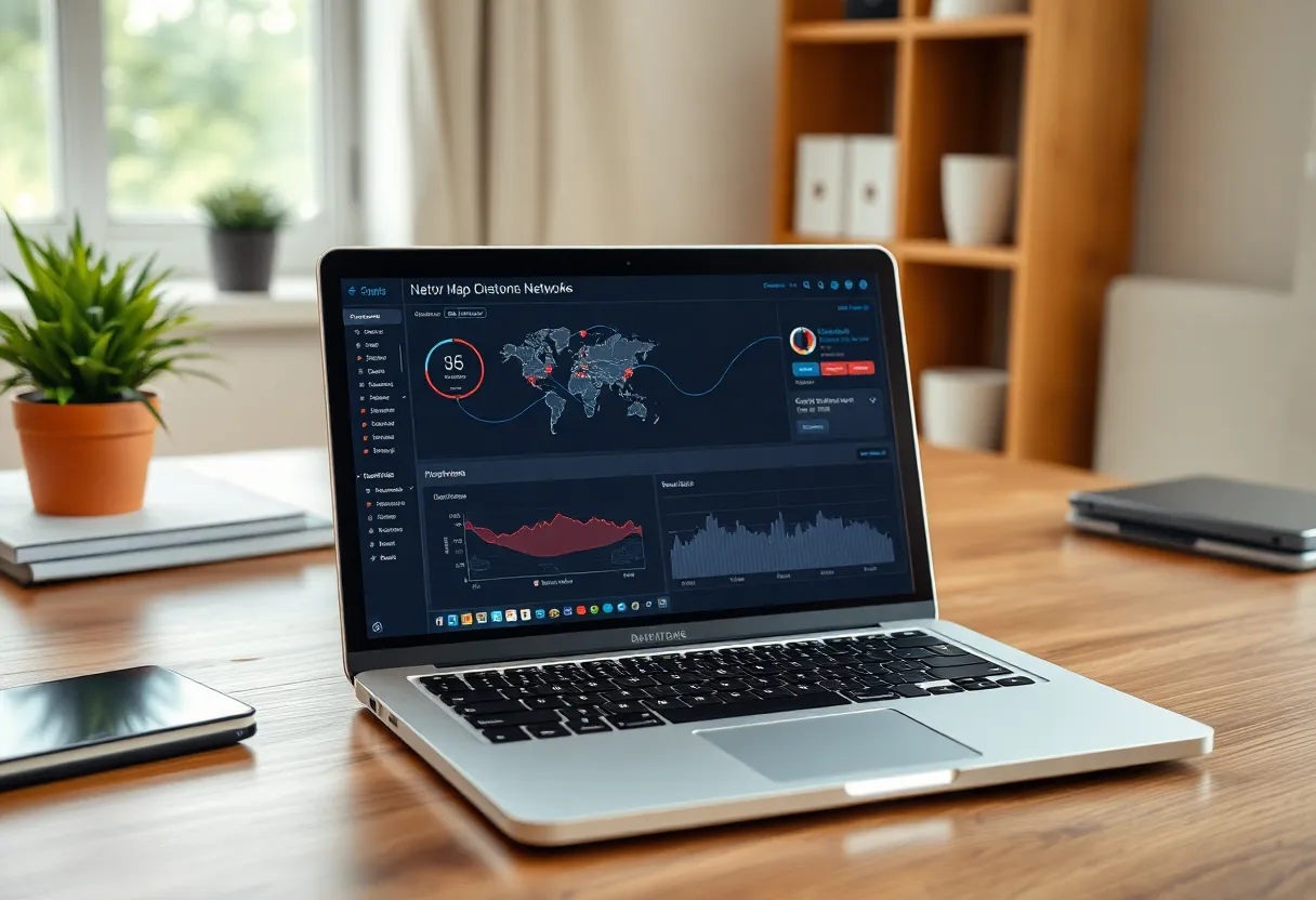 A laptop showing a network map dashboard with connected devices and traffic graphs