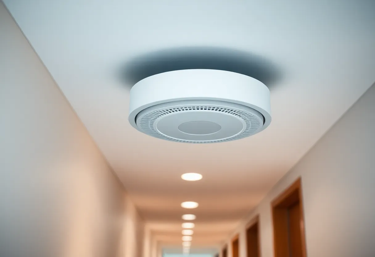 Close-up of a ceiling-mounted wireless access point in a modern hallway