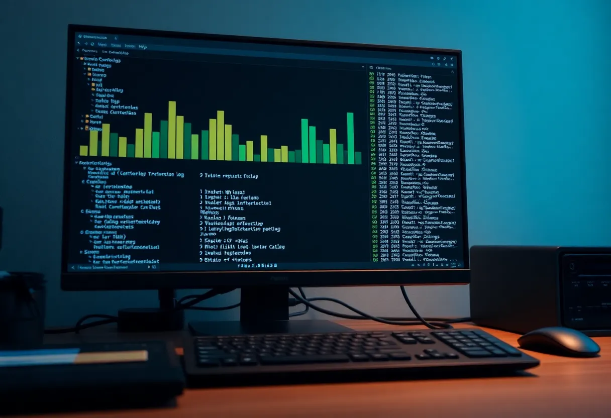 A developer desk with a screen showing histogram bars over time and filtered log entries