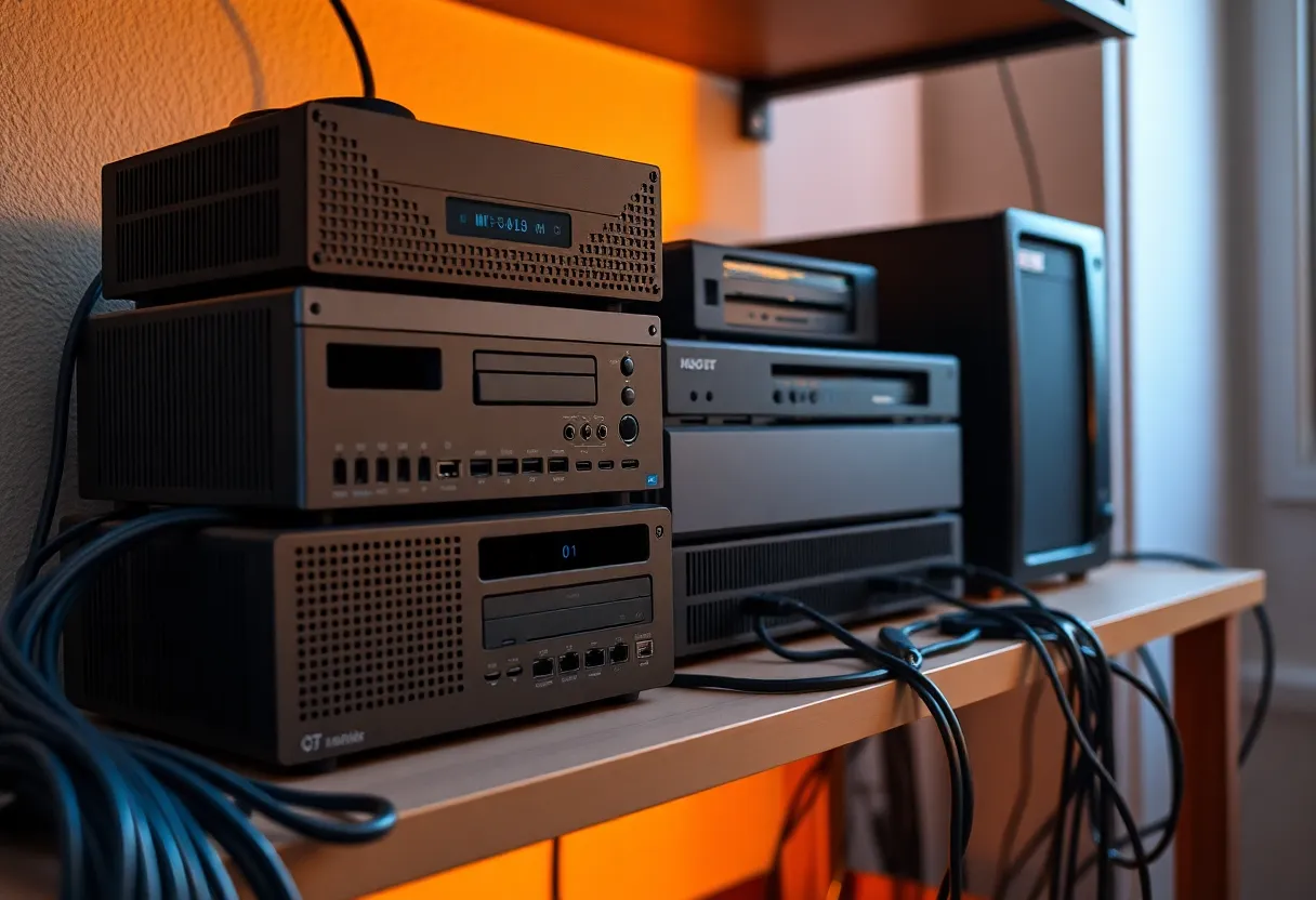 A stack of mini PCs and a NAS on a shelf with network cables