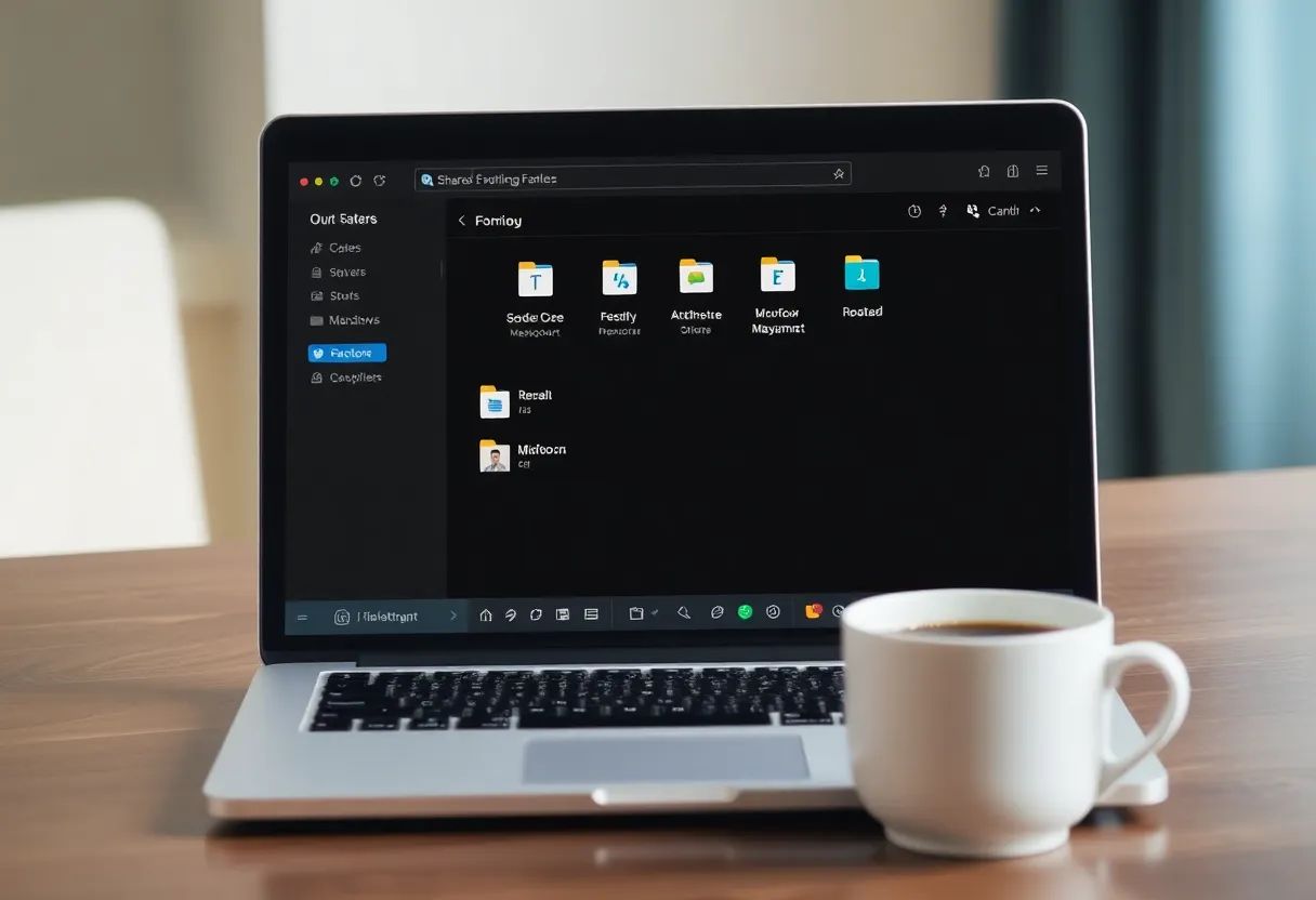A laptop screen showing a file browser with shared family folders, coffee cup beside