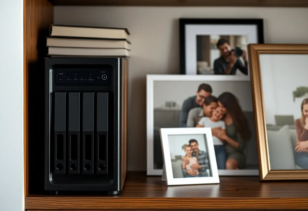 A small home server with drives on a bookshelf next to family photos