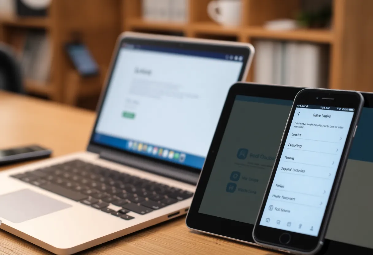 A laptop and phone on a desk both showing a list of saved logins