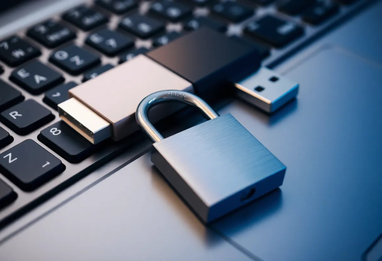 A padlock resting on a keyboard next to a USB drive