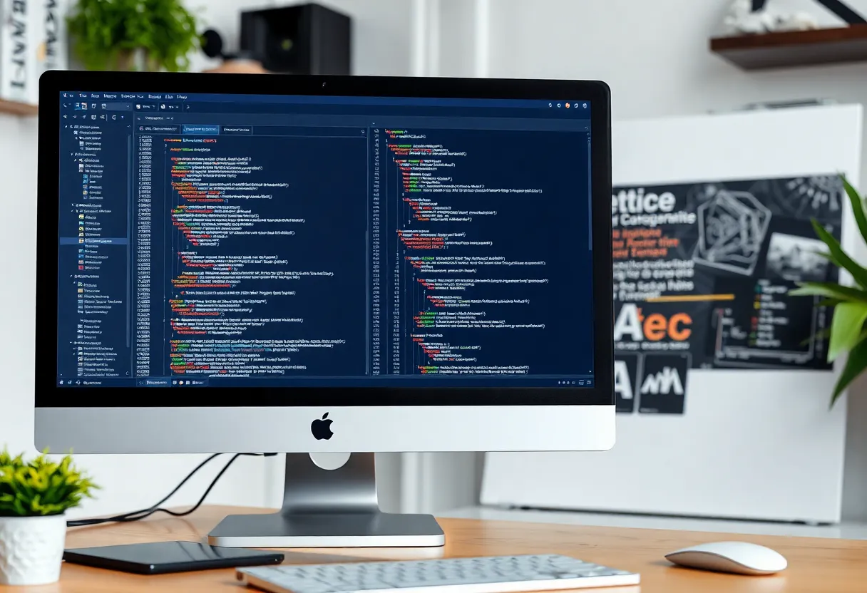 A monitor showing a code editor next to a visual automation canvas
