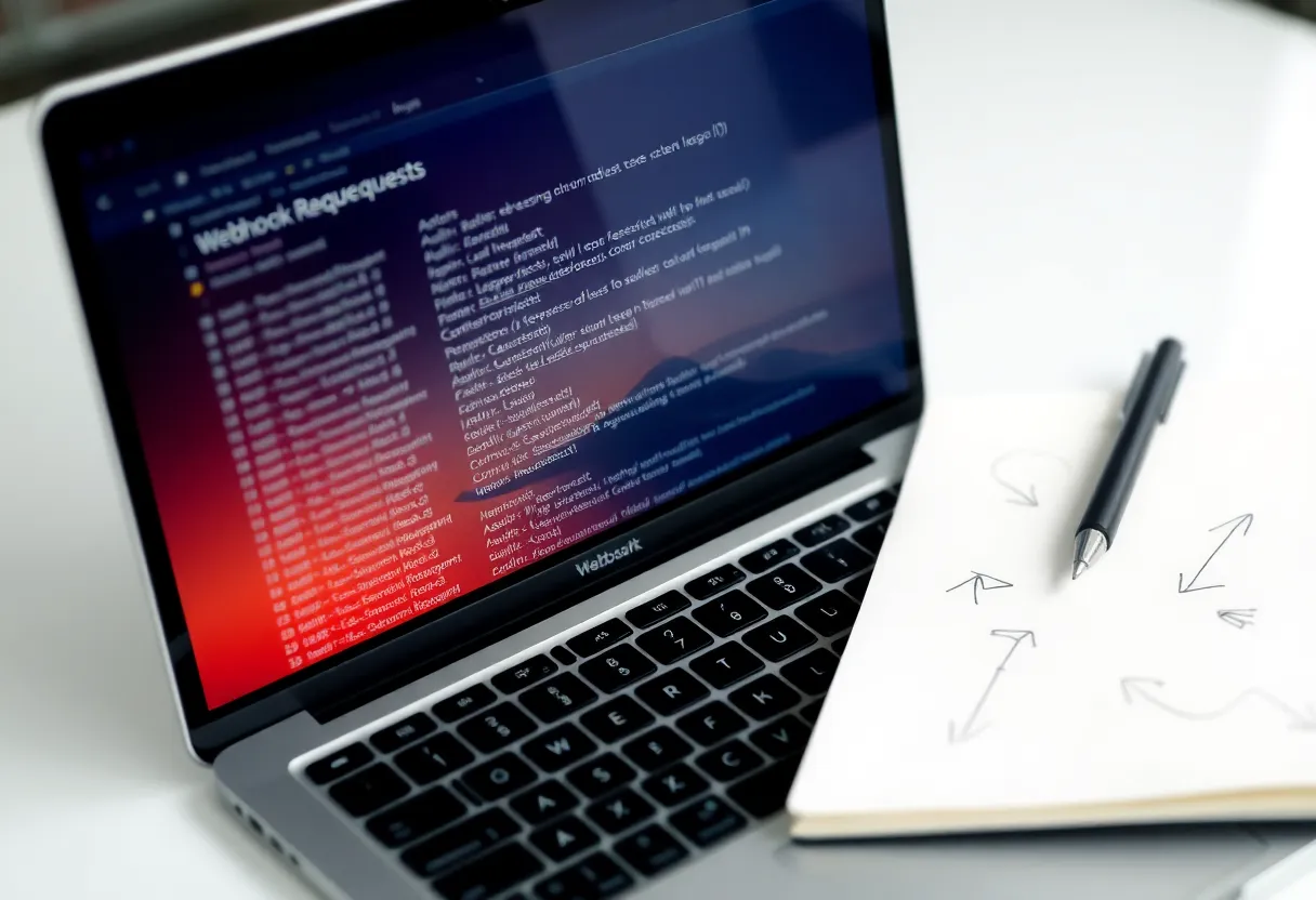 A laptop with webhook request logs on screen beside a notebook with sketched arrows