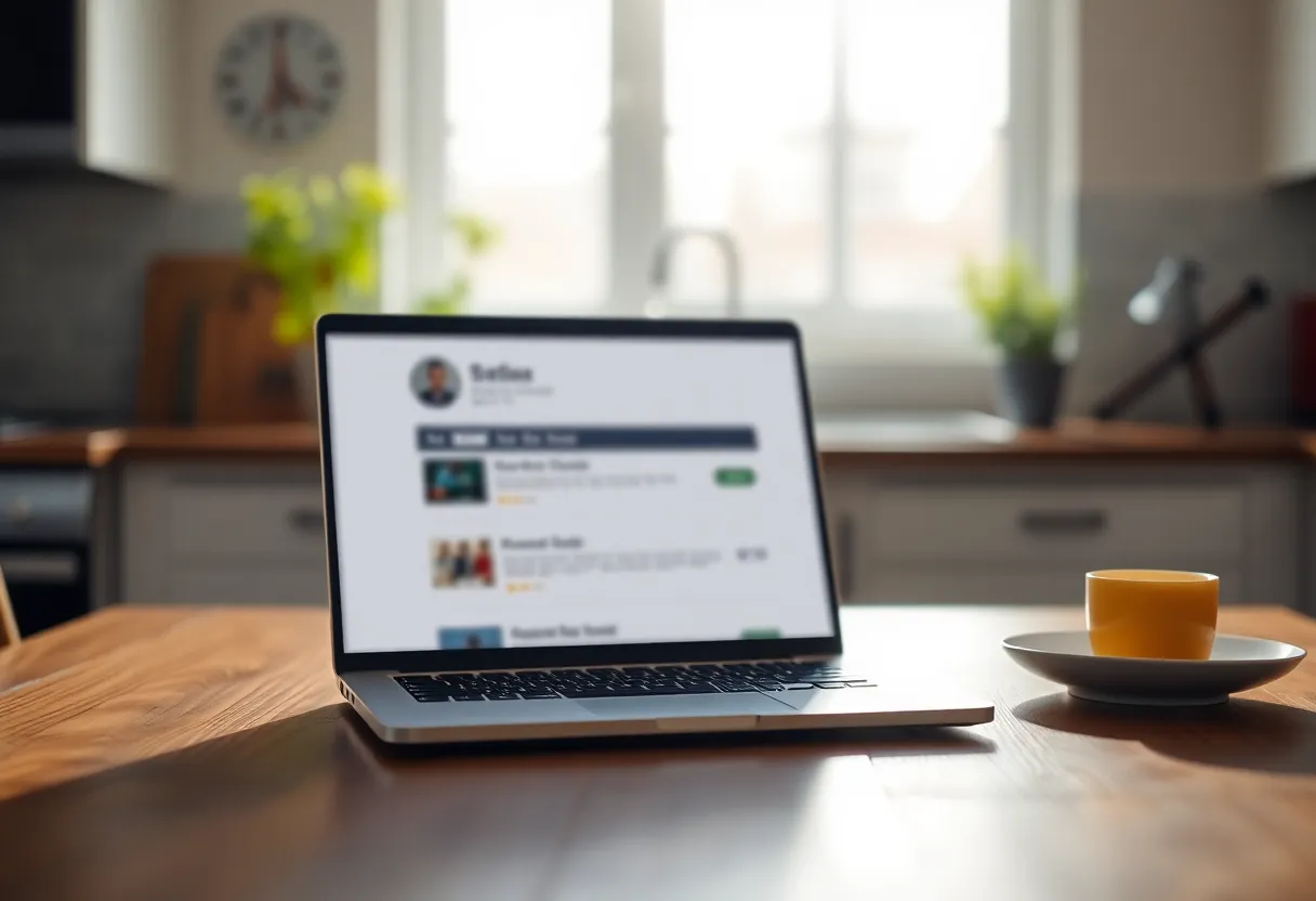 A laptop on a kitchen table with a blurred status page