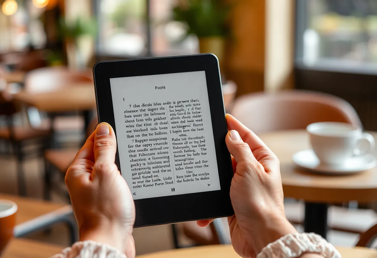 Hands holding a 7 inch colour e-ink reader showing a book cover