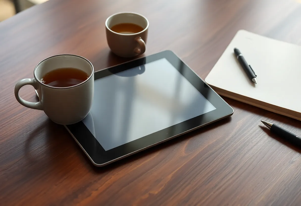 A colour e-ink tablet with a stylus next to a cup of tea and a notebook
