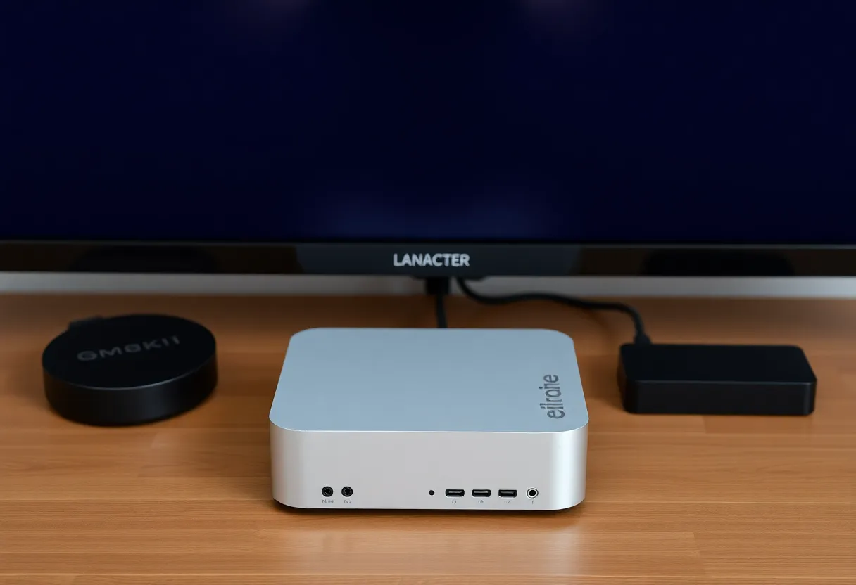 A small media server mini PC under a TV next to a streaming box