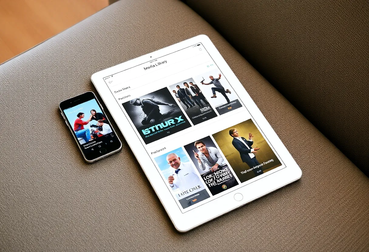 A phone and a tablet showing a media library app with posters on a sofa