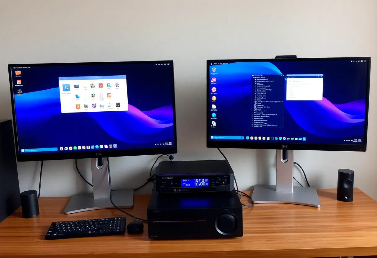Two monitors with matching terminal themes on a desk with a small home server below
